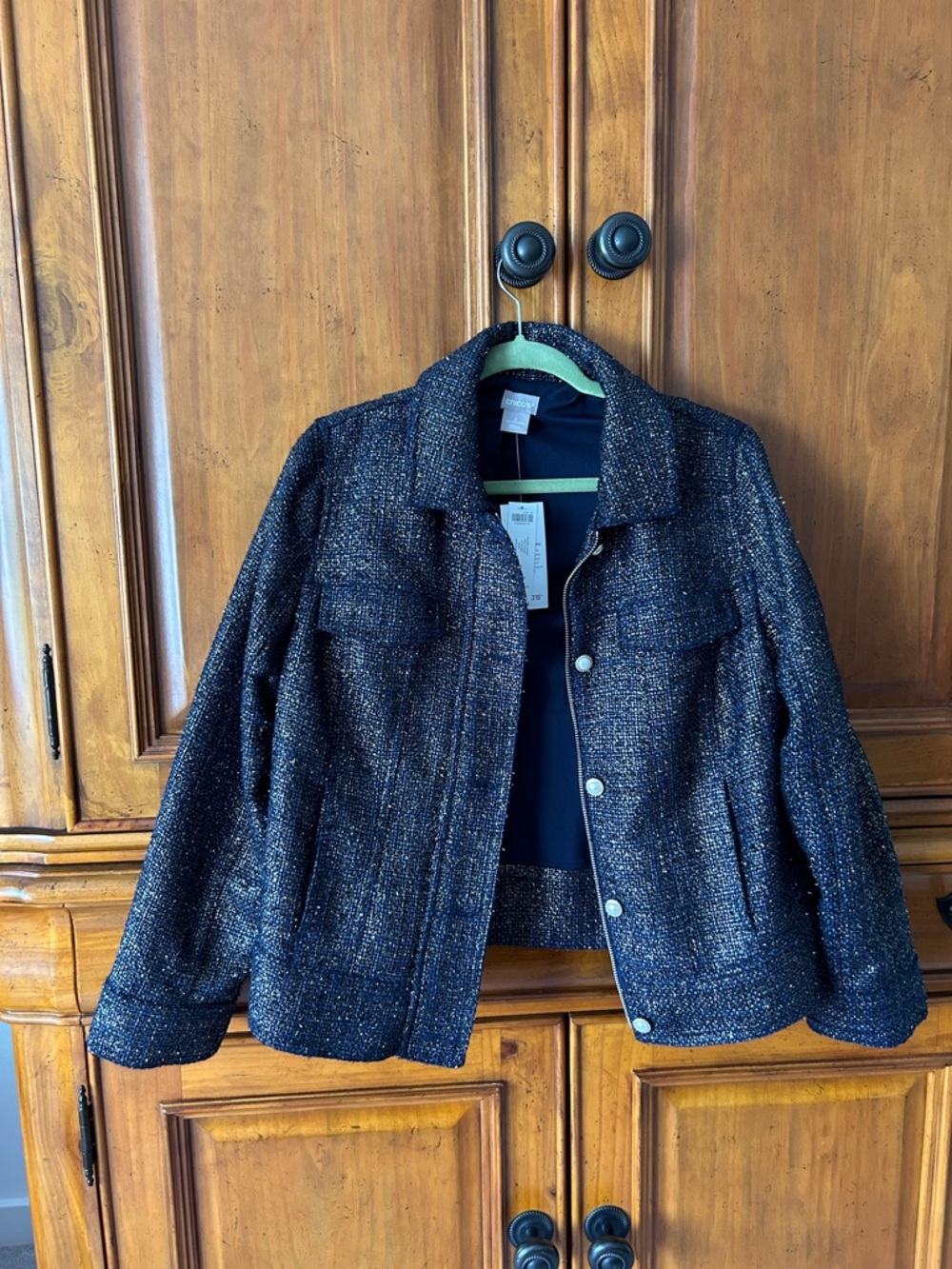 Chico's Metallic Navy and Gold Tweed Lady Jacket